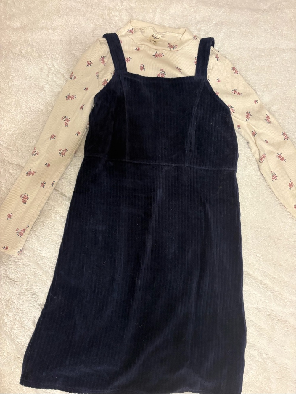 OshKosh B'gosh Cream Floral Ribbed Top with Navy Cord Pinafore